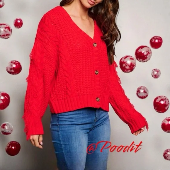 DAY & MOON Red knit fringe sleeve cardigan S M L - Picture 4 of 10